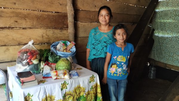 Alejandra and her mother with their food hamper